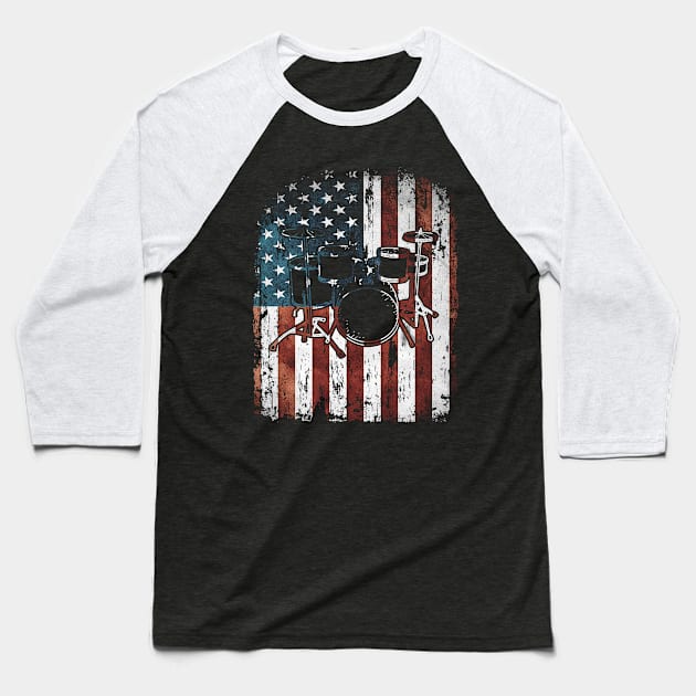 Vintage Drum Drummer USA Flag Baseball T-Shirt by paola.illustrations